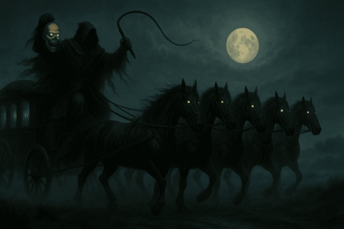 Der Dullahan auf seiner Kutsche, gezogen von sechs schwarzen Pferden.©ChatGPT