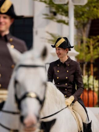 8 Lipizzaner reisten mit einem Team der Spanischen Hofreitschule nach Abu Dhabi zur Eröffnung der weltweit fünften Reitschule der hohen Kunst. © ADREA – Spanische Hofreitschule
