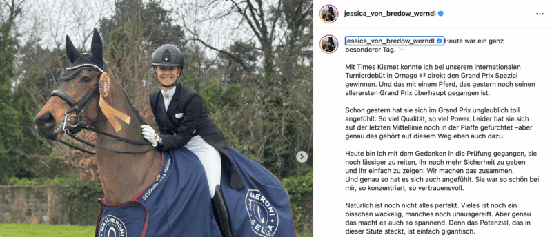 Times Kismet gewinnt bei ihrem internationalen Grand Prix Debüt! © IG: jessica_von_bredow_werndl