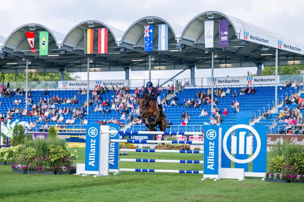 Patrick Lam (HGK) bestritt in Aachen seine erste Weltmeisterschaft! Mit seinem Top-Pferd Lopez One möchte er sich auch für die Olympischen Spiele 2028 in L.A. qualifizieren. © FEI | Benjamin Clarke