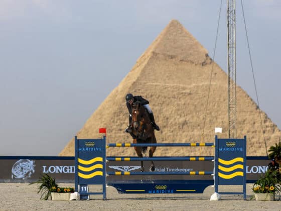 Max Kühner (T) auf der Erfolgswelle! Nach seinem Weltcup-Sieg in Oslo, pilotiert er Vivo de Muze in Cairo auf Rang zwei in der GP-Qualifikation. © LGCT | Stefano Grasso